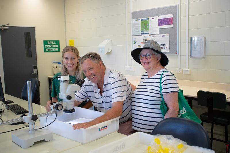 John and Meta Goodman with President of Marine Society UQ, Larissa Young