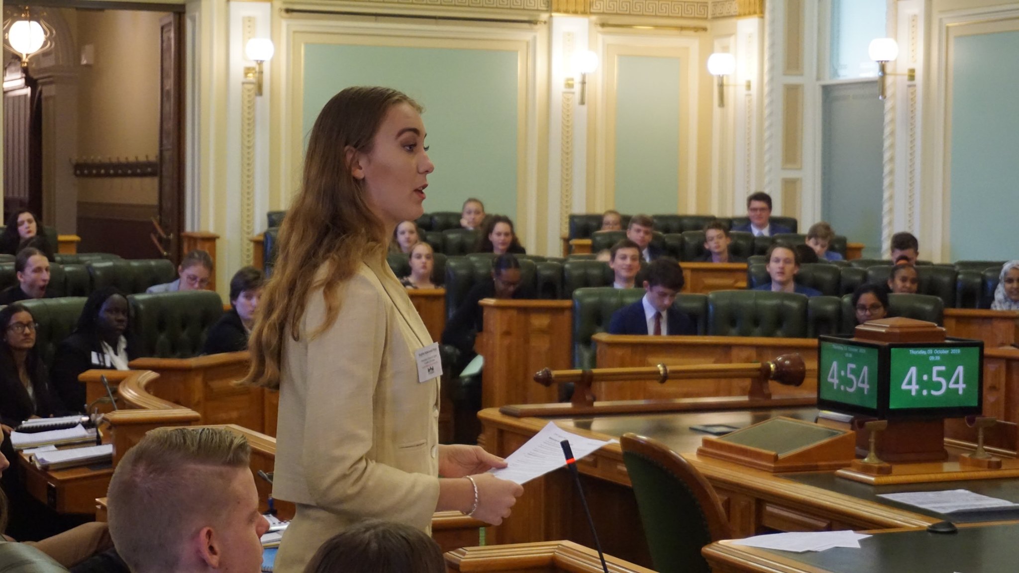 Sophie speaking at youth parliament 