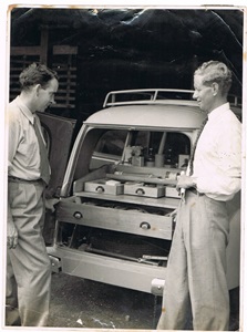 Dr Osborne preparing the UQ veterinary vehicle in 1956