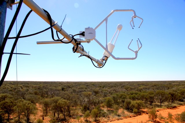 High-tech equipment on the OzFlux tower at TERN's Alice Mulga SuperSite in the Northern Territory collects data on the exchanges of energy and water between the land and the atmosphere, which are used by NASA to validate their satellite collected measurements (photo courtesy of James Cleverly, TERN)
