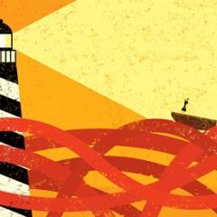 Red tape sea with boat